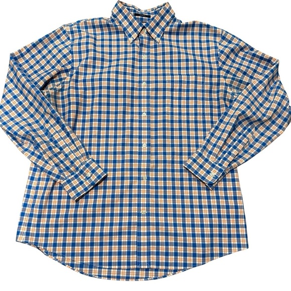 Land’s End Traditional Fit No Iron Twill Shirt Blue Orange Plaid Size Large - Picture 9 of 9
